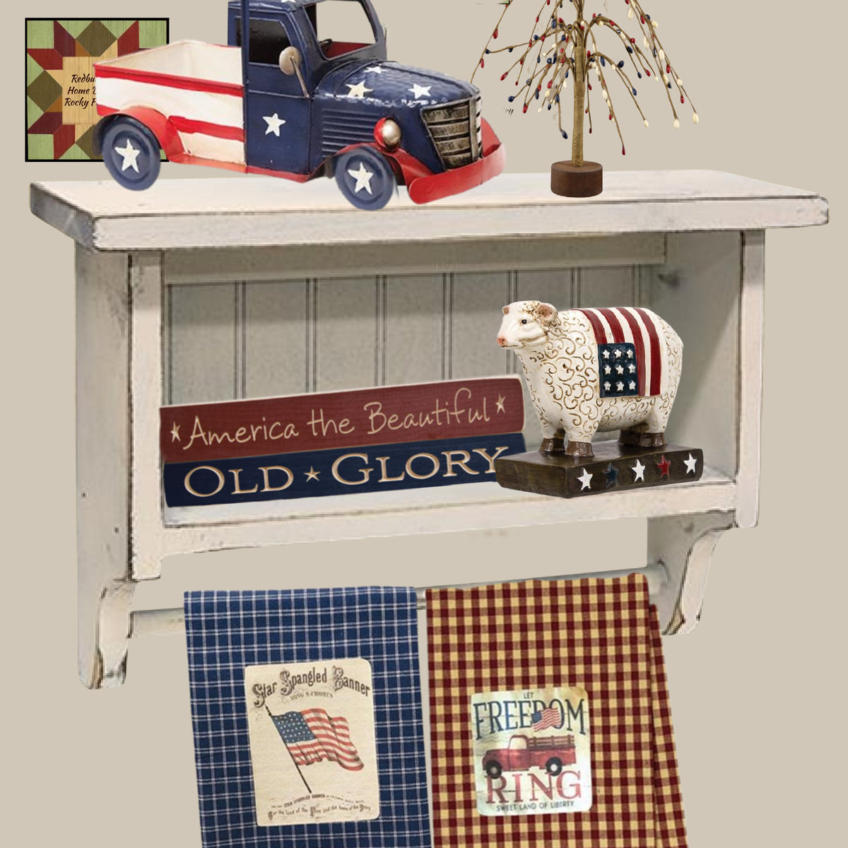 White Beadboard Shelf with Display Bar – Redbud Ridge Home Decor