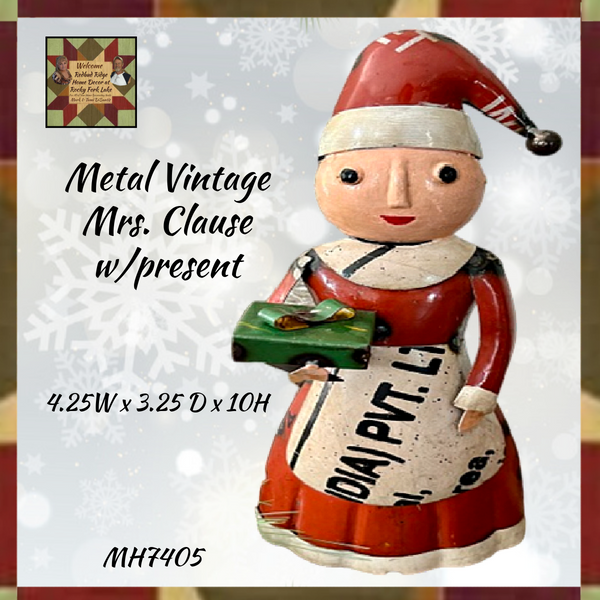 Vintage Folk Art Metal Mrs. Clause w/Present