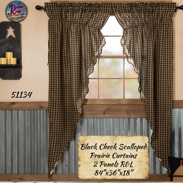 Black Check Scalloped Prairie Curtains 2 Panels  84x36x18