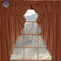 Burgundy Check Scalloped Prairie Curtains 2 Panel Set 63x36x18